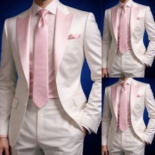White Pink Satin Men's Suits Classic Fit Peak Lapel Wedding Groom Tuxedo 2 Piece