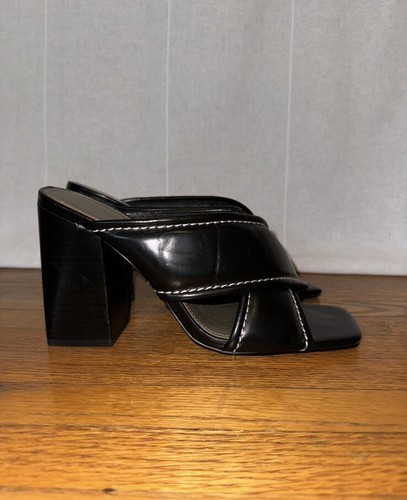 Zara Black Leather Chunky 4in Heel Open Toe White Square Toe Slip On Mules - Picture 5 of 6