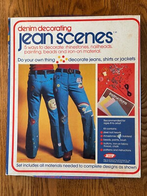 Vintage 1970s Denim Decorating ''Jean Scenes'' Kit, Rhinestones, Iron-Ons, Etc.