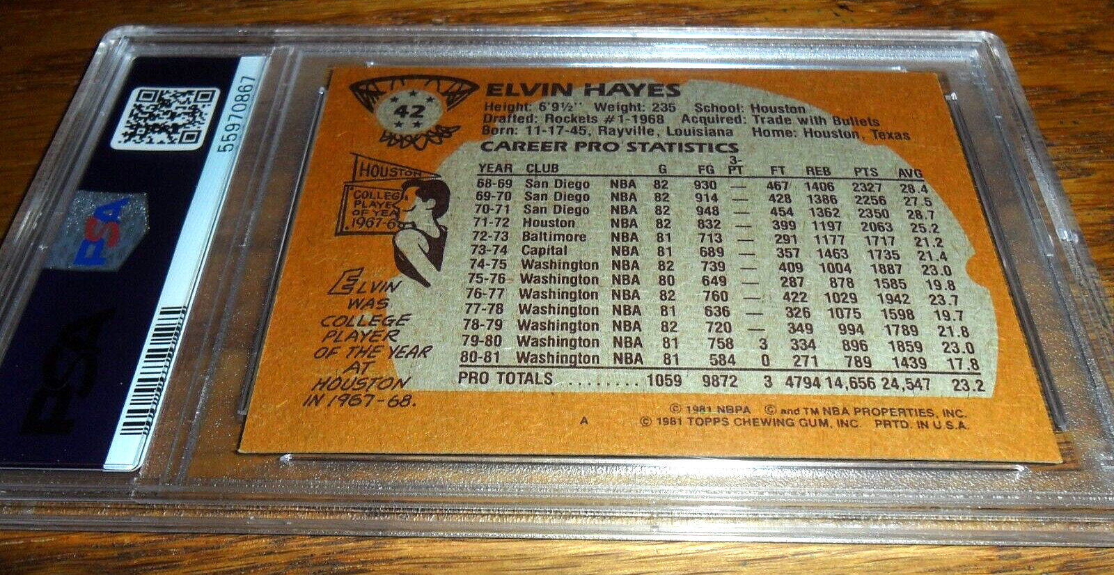 1981 Topps #42 ELVIN HAYES Basketball Card HOF HOUSTON ROCKETS Autograph PSA/DNA view 3