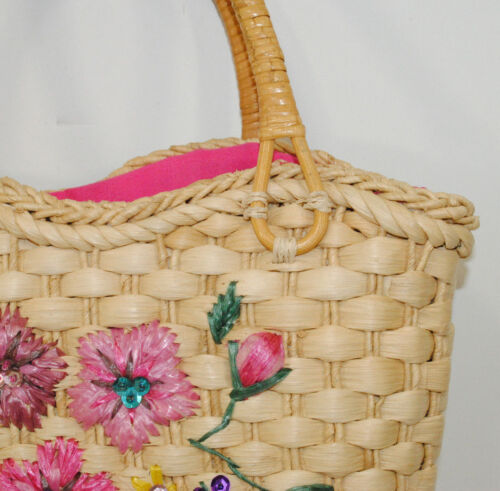 Gewebte Stroh Handtasche Bast Blumen Pailletten gefüttert rosa floral - Bild 5 von 12