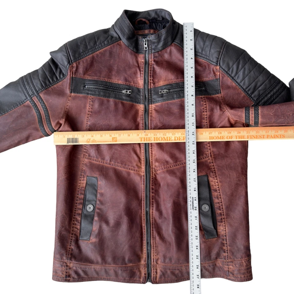 Buckle Color Block 2-Tone Vegan Leather Moto Jacket Burgundy / Black Men's M - Image 4 of 4