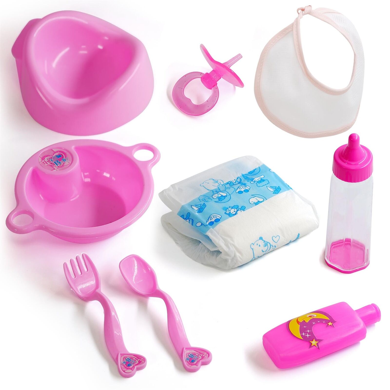 BiBi Doll Feeding Accessories Kit & Nappy Set Baby Doll Bottle Dummy Potty  Set