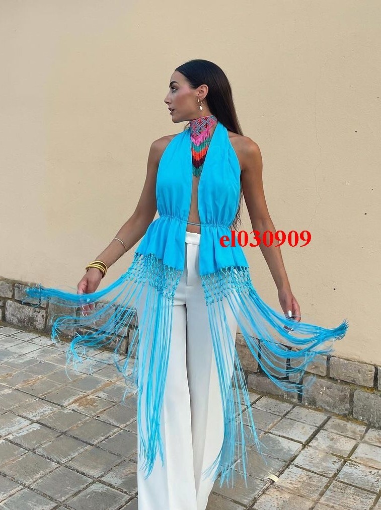 ZARA WOMAN NEW BLUE FRINGE TOP WITH OPEN BACK SIZE M REF