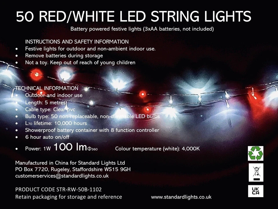 Red-White LED Xmas Lights. 4-PACK!!4x50LED. Battery. Indoor/Outdoor. 6hr Timer. - Image 2 of 2