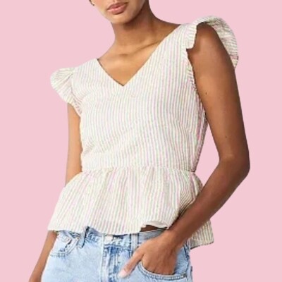Draper James RSVP Flutter Sleeve Pink Green Seersucker Peplum Hem Top Size Large