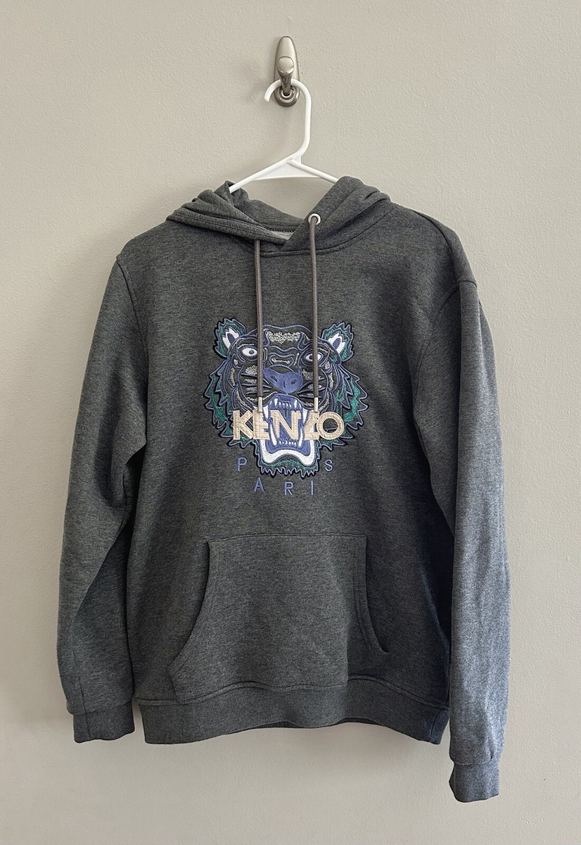 Kenzo Paris Big Embroidered Logo Hoodie Sweatshirt Tiger Dark Gray Size M