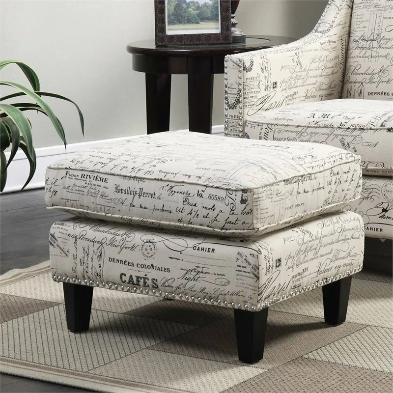 Bowery Hill French Script Fabric Upholstered Ottoman in Off White