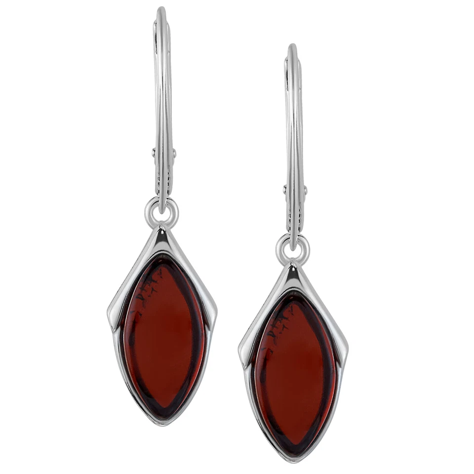 925 Solid Pure Sterling Silver Dark Red Baltic Amber Marquise Leverback Earrings - Image 2 of 4