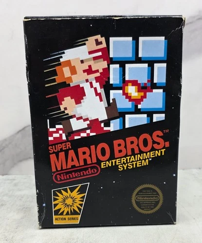 Vintage 1985 Super Mario Bros. Nintendo NES CIB Original Black Box, 5 Screw cart