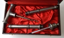 Heavy French pewter corkscrew and wine thermometer set