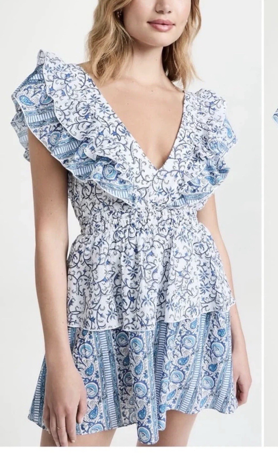 Playa Lucila ruffle mini dress blue white resortwear size M