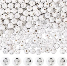 8MM 600Pcs White Round Cross Beads with Holes Silver Metal 600pcs, 