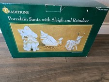 Centerpiece Traditions Porcelain Santa With Sleigh  Reindeer in Original Box