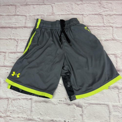 Under Armour Shorts Boys Youth Small Gray Neon Camo Athletic Basketball Gym