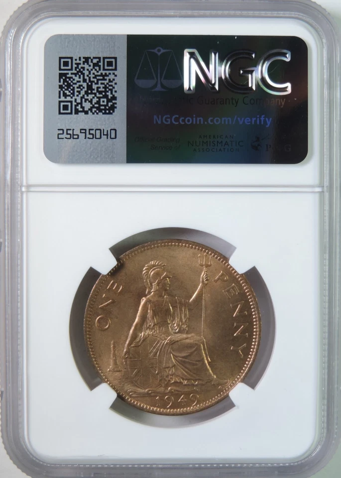 1949 Great Britain George VI One Penny Coin NGC Graded MS65 RB GEM UNC Top Pop - Image 2 of 4