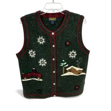 Woolrich Women's Wool Blend Vest M Gray Winter Holiday Cabin Truck Button Up