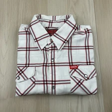Dixxon Flannel Shirt White Red Plaid Precision Long Sleeve Button Up Size L Tall