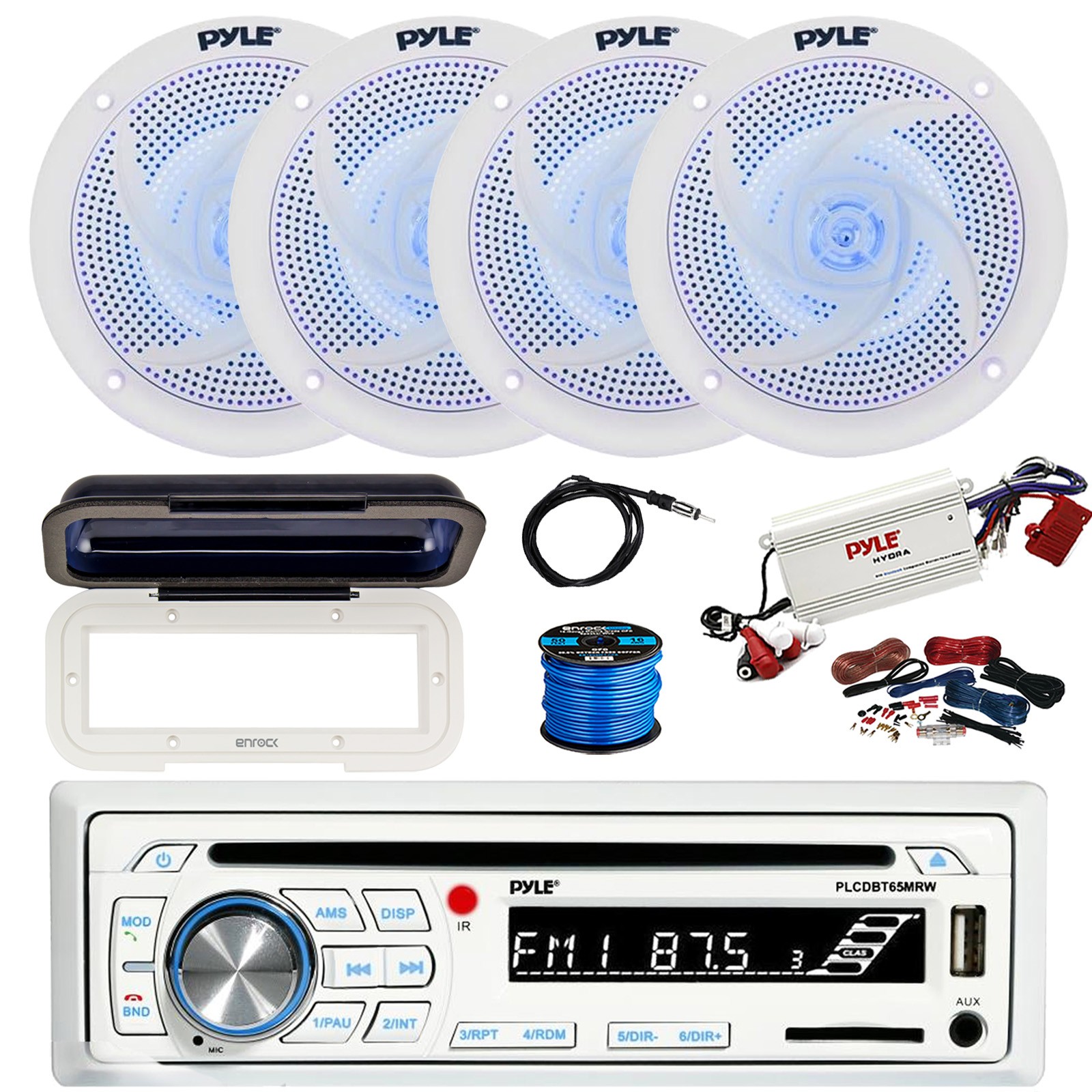 Pyle Marine CD Stereo Receiver, BT Amp, 4X 5.25" 180W LED Speakers w/Accessories