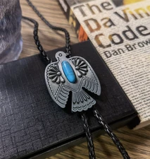 American Eagle w/ Turquoise Mens Bola Bolo Tie Wedding Necklace Western Cowboy