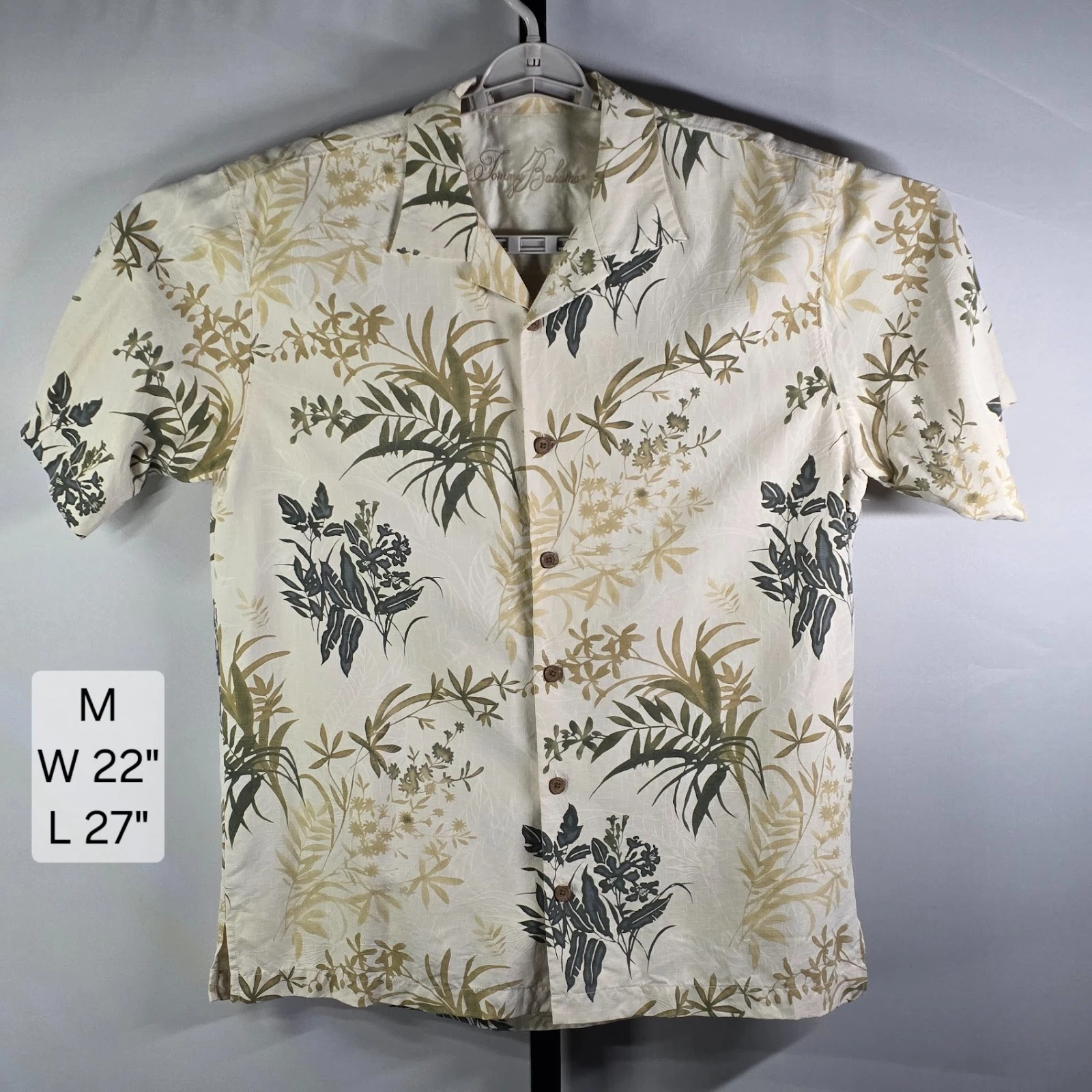 Tommy Bahama Mens Medium Silk Camp Shirt Hawaiian Tropical Leaf Print Cream