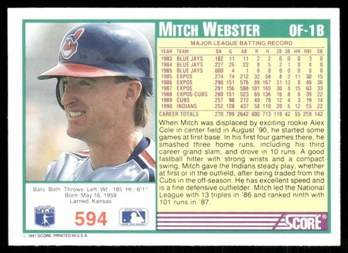 1991 SCORE MITCH WEBSTER CLEVELAND INDIANS #594 - Picture 2 of 2