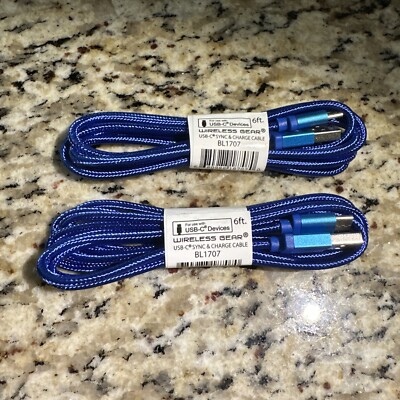 Wireless Gear USB Sync & Charge Black Fabric USB-C Charger 6ft Blue
