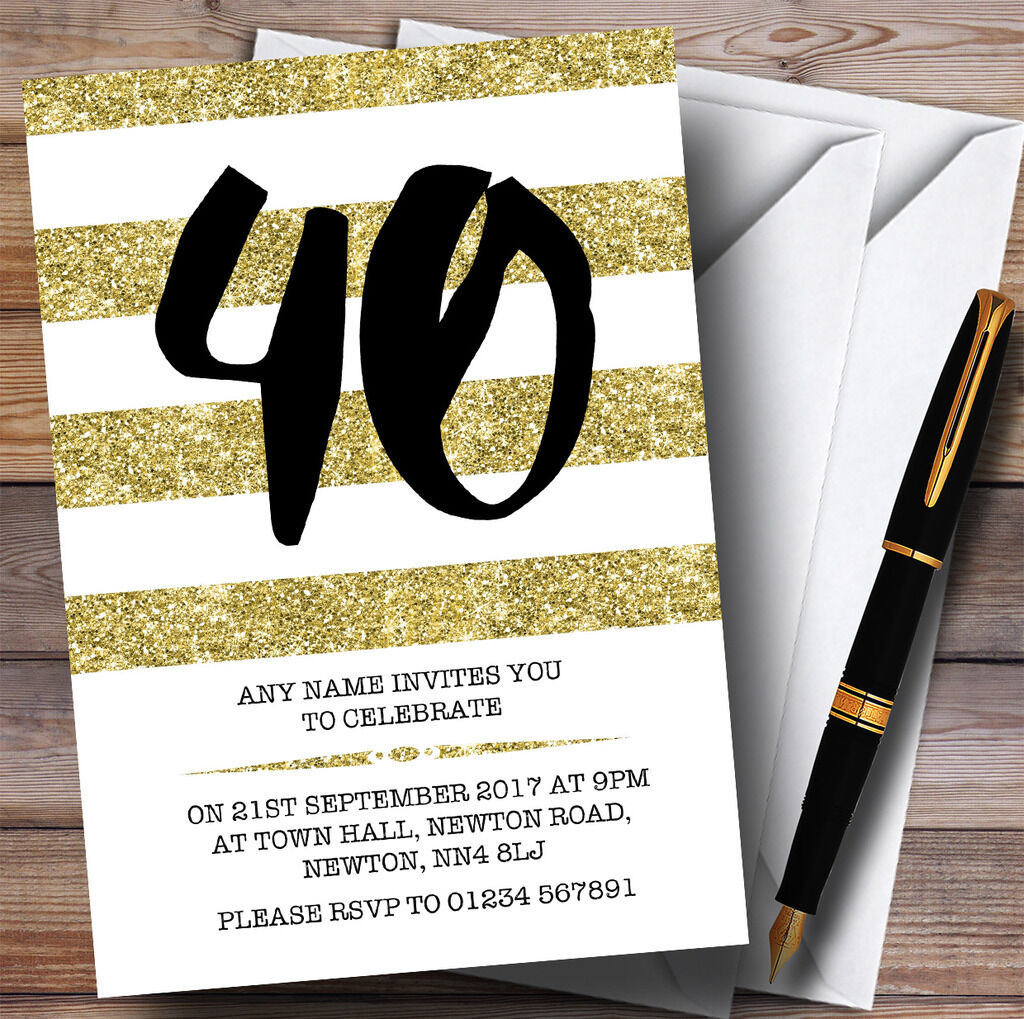 Glitter Gold & White Striped 40th Personalised Birthday Party Invitations Nowy oryginalny produkt