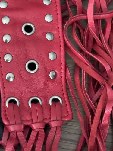 Vintage BOHO Red Leather Fringe Belt With Metal Silver Beads Western Rockabilly - Picture 2 of 16