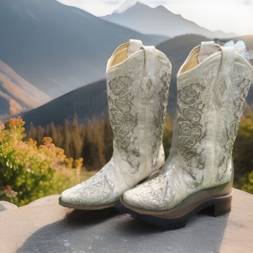 CORRAL WHITE GLITTER AND CRYSTAL WESTERN WOMEN'S BOOT Size 10W A3322