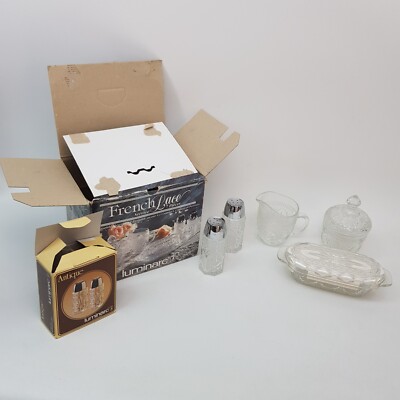 Luminarc Crystal French Lace 7-Piece Salt Pepper Shakers Creamer Sugar Butter