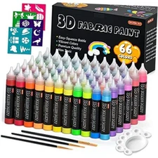 66 Colors Fabric Paint, Shuttle Art 3D Fabric Paint with Stencil and Brushes, 