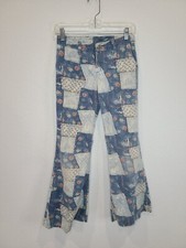 1960s 70s Patchwork Print Denim Bell Bottom Jeans, juniors 5, RARE OOAK Wrangler