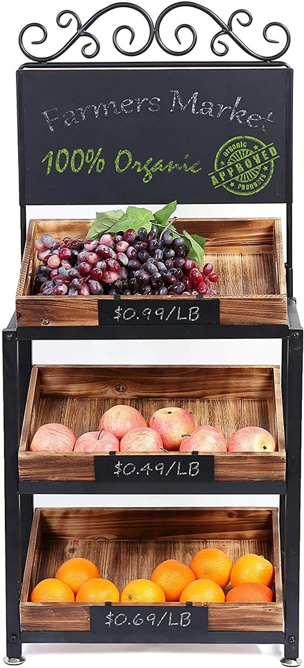 Soporte de producción MyGift vintage de metal y madera quemada de 3 niveles con letrero de pizarra Foto 2 de 4