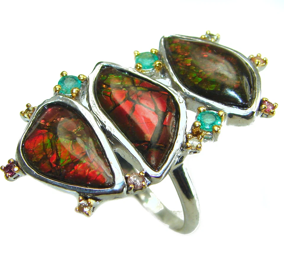 加拿大 Ammolite 纯银戒指 手工制作 椭圆形 925 尺寸:8 宝石 — 第 2/4 张图片