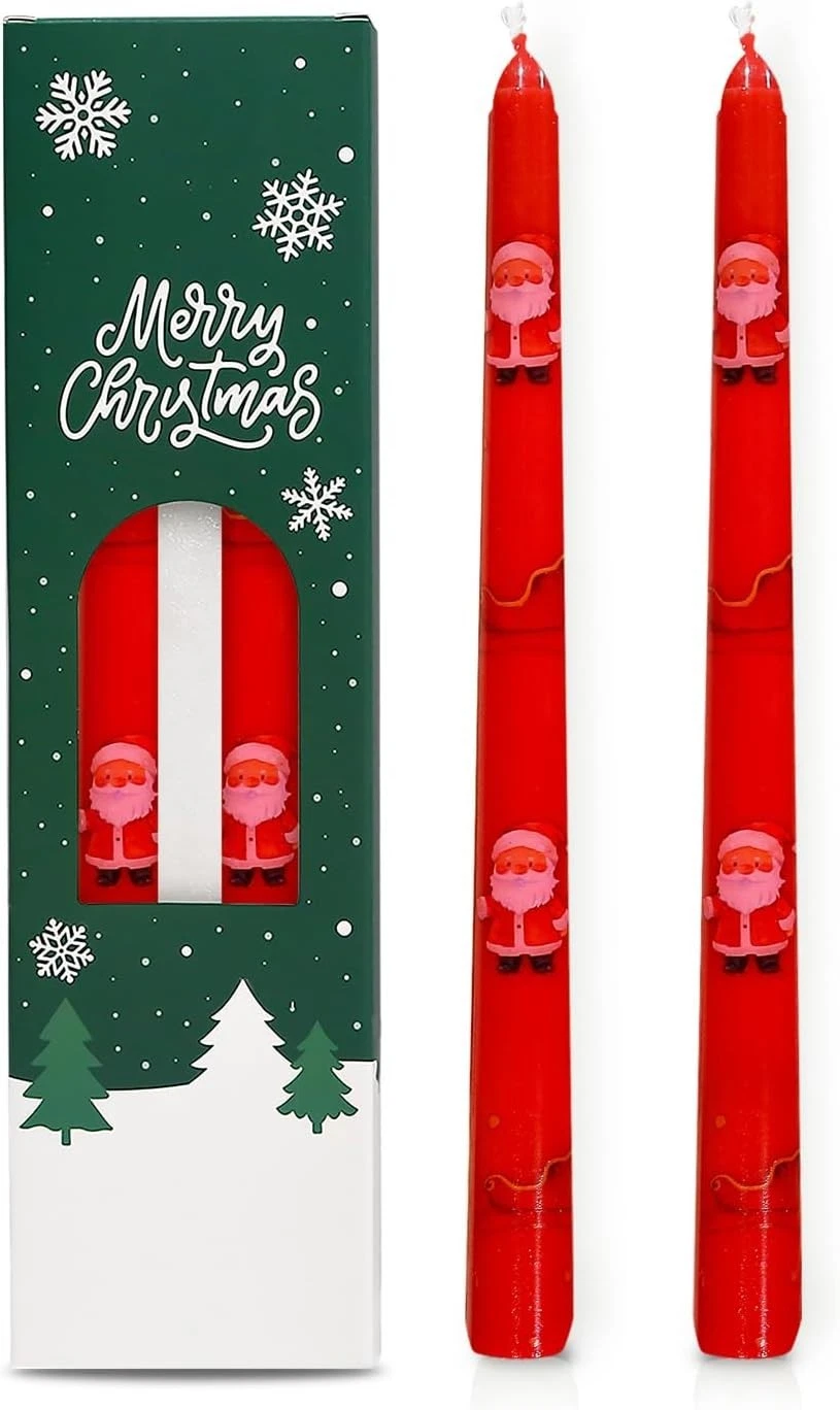 2 Pack Christmas Taper Candles, 10 Inch Unscented Candlesticks with Santa - product detail image 2