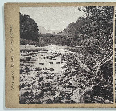 Waterloo Bridge, Bettws-y-Coed Antique Vintage Stereoview Card Landscape River