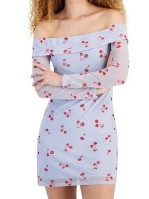 Tinseltown Junior's Off-The-Shoulder Mini Dress Blue Cherries Medium