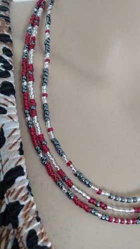 Japanese Toho Beads 3mm Red White Blue Americana 3 Strand 21" Necklace Handmade - Picture 3 of 22
