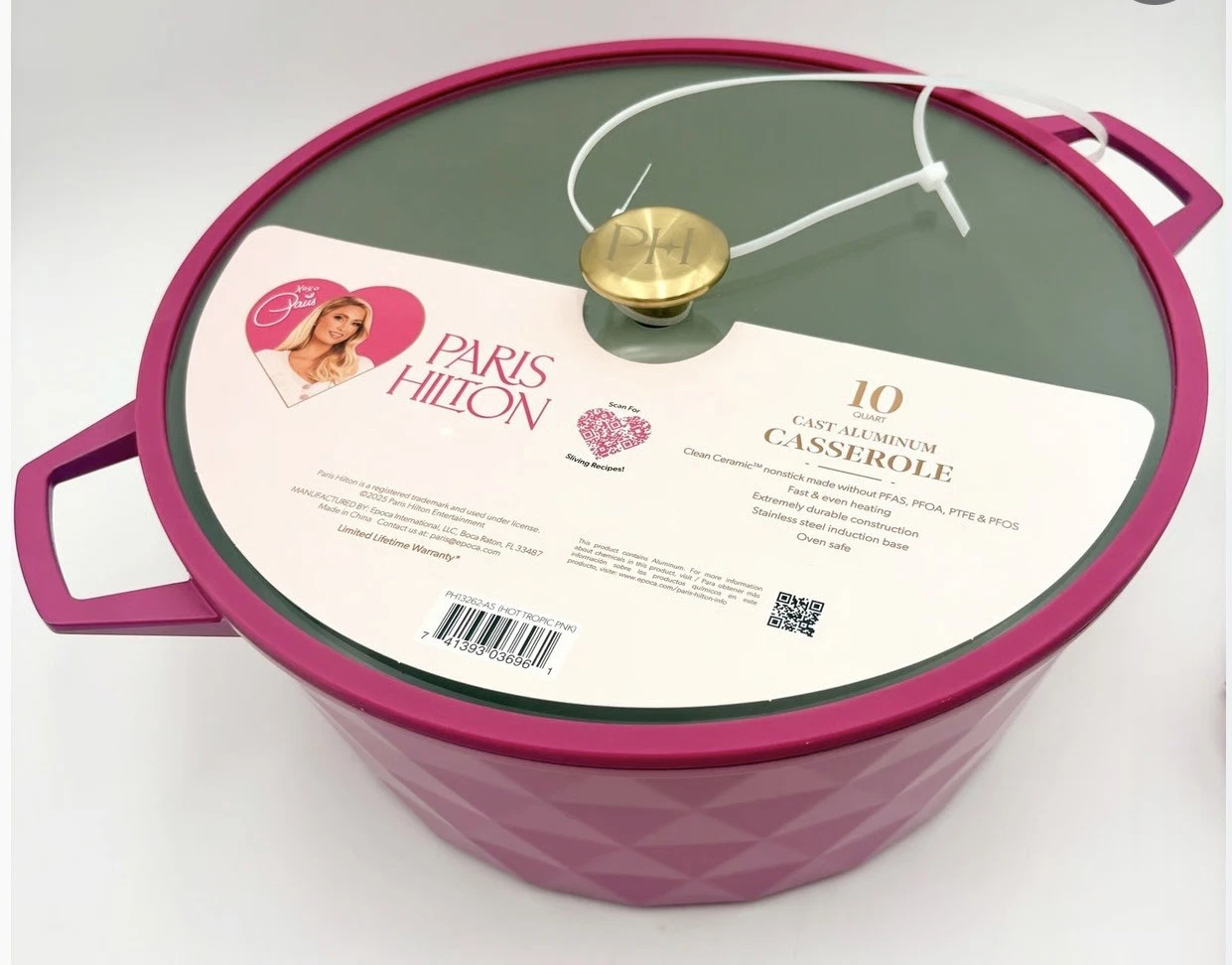 Paris Hilton 10 Qt Cast Aluminum Dutch Oven Pink Diamond Quilted Enamel