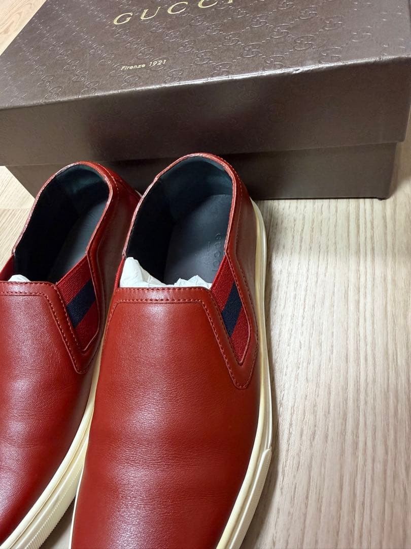 Auth Gucci Leather Slip-On Low cut Sneakers Red Logo EU37 US7 UK4 Women thumbnail 3