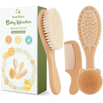 4 Piece Baby Brush and Comb Set, Wooden Baby Brush with Natural Ultra Soft Goat