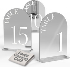 Mirror Arched Wedding Table Numbers 1-15 with Stands, 5"X7" Double-Sided Letter,