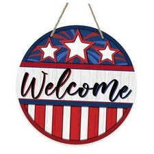 Welcome 4th of July Front Door Sign, Patriotic America Stripes Wood Door Stars