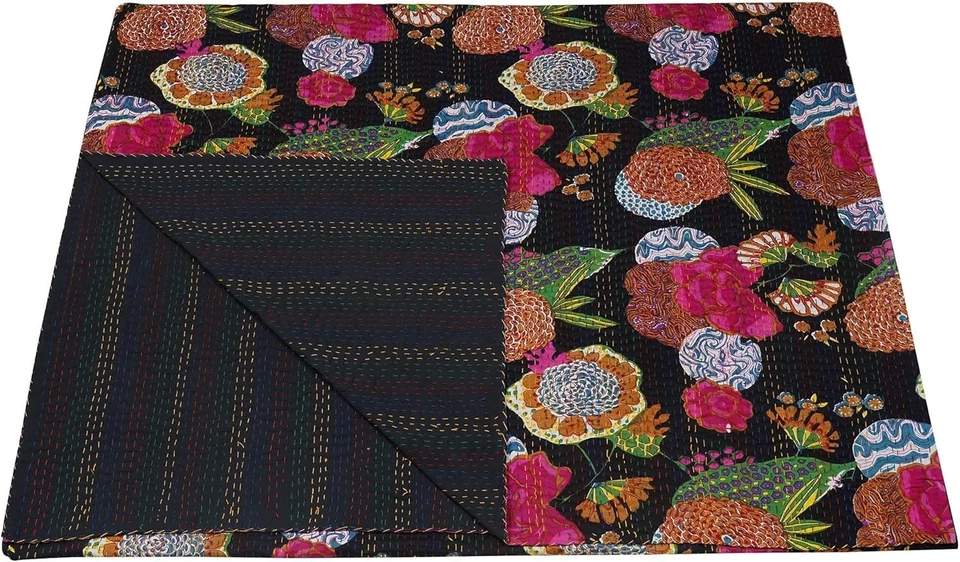 Colcha India Tiro King Size Estampado Floral Negro Algodón Kantha Edredón Manta Foto 3 de 4