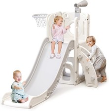 Gray 6 in 1 Toddler Playset w/ Hoop Ball Ring Toss Kids Playground Slide Outdoor
