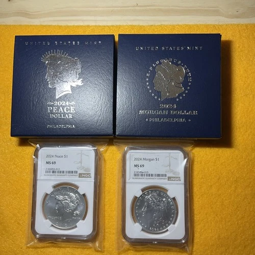 2pc Set - 2024 $1 Morgan and Peace Silver Dollar NGC MS69 Brown Label, boxes COA