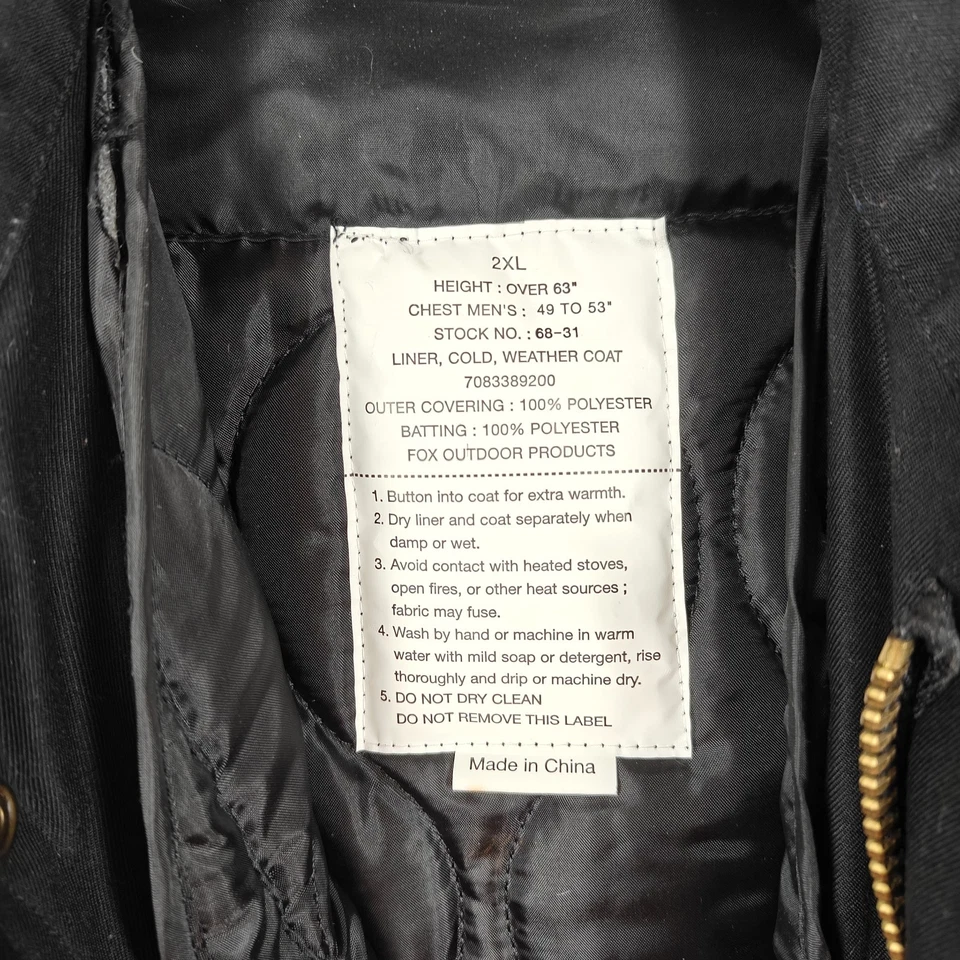 Fox Outdoor Cold Weather Field Coat 2XL Black Quilted Liner Military Style 50in - Image 4 of 4