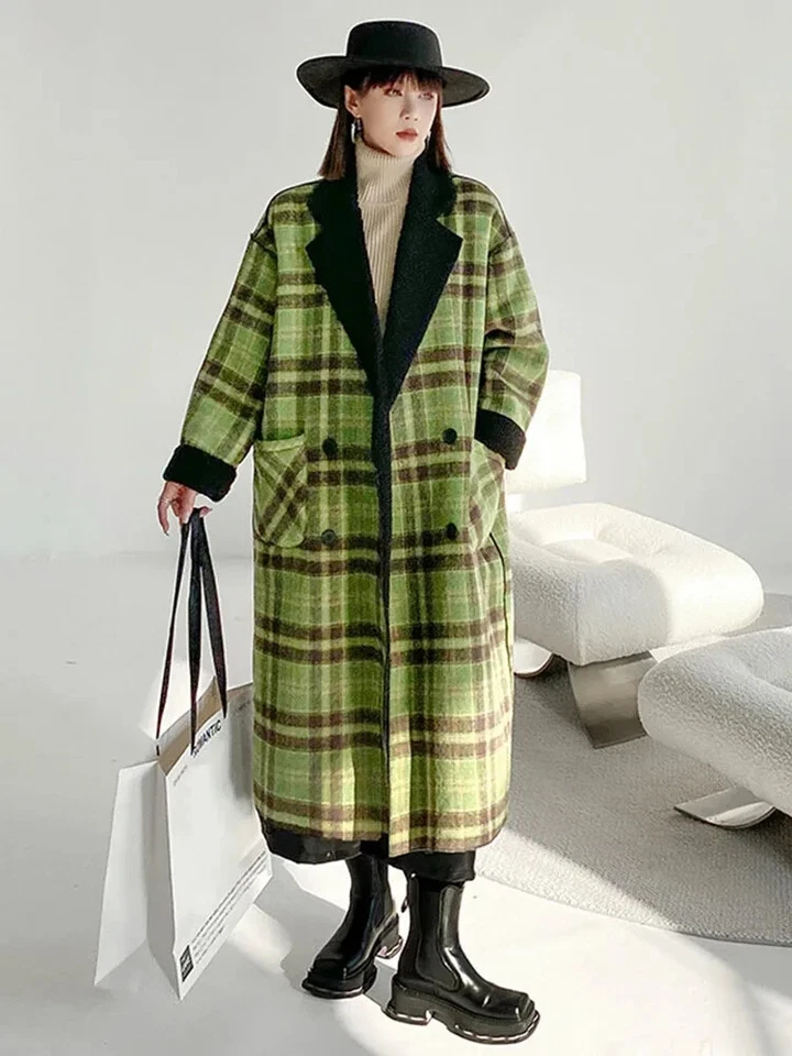 Green Black Urban Chic Street  Edgy Country Tartan  Loose  Jacket Midi Coat  14 - Image 4 of 4