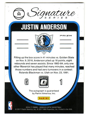 2016-17 Donruss Optic SIGNATURE SERIES AUTÓGRAFO #50 JUSTIN ANDERSON AUTO 76ers - Imagen 2 de 2